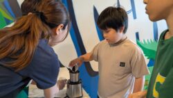 宜野湾市の放課後等デイサービスにて、電動コーヒーミルを使って集中して豆を挽く子どもの手元の様子