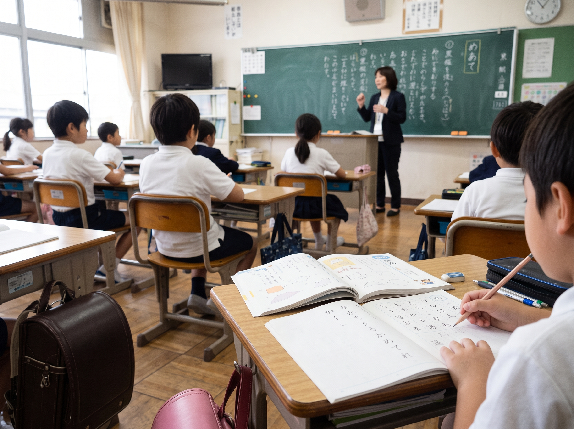 黒板とノートを交互に見るマルチタスクのイメージ
