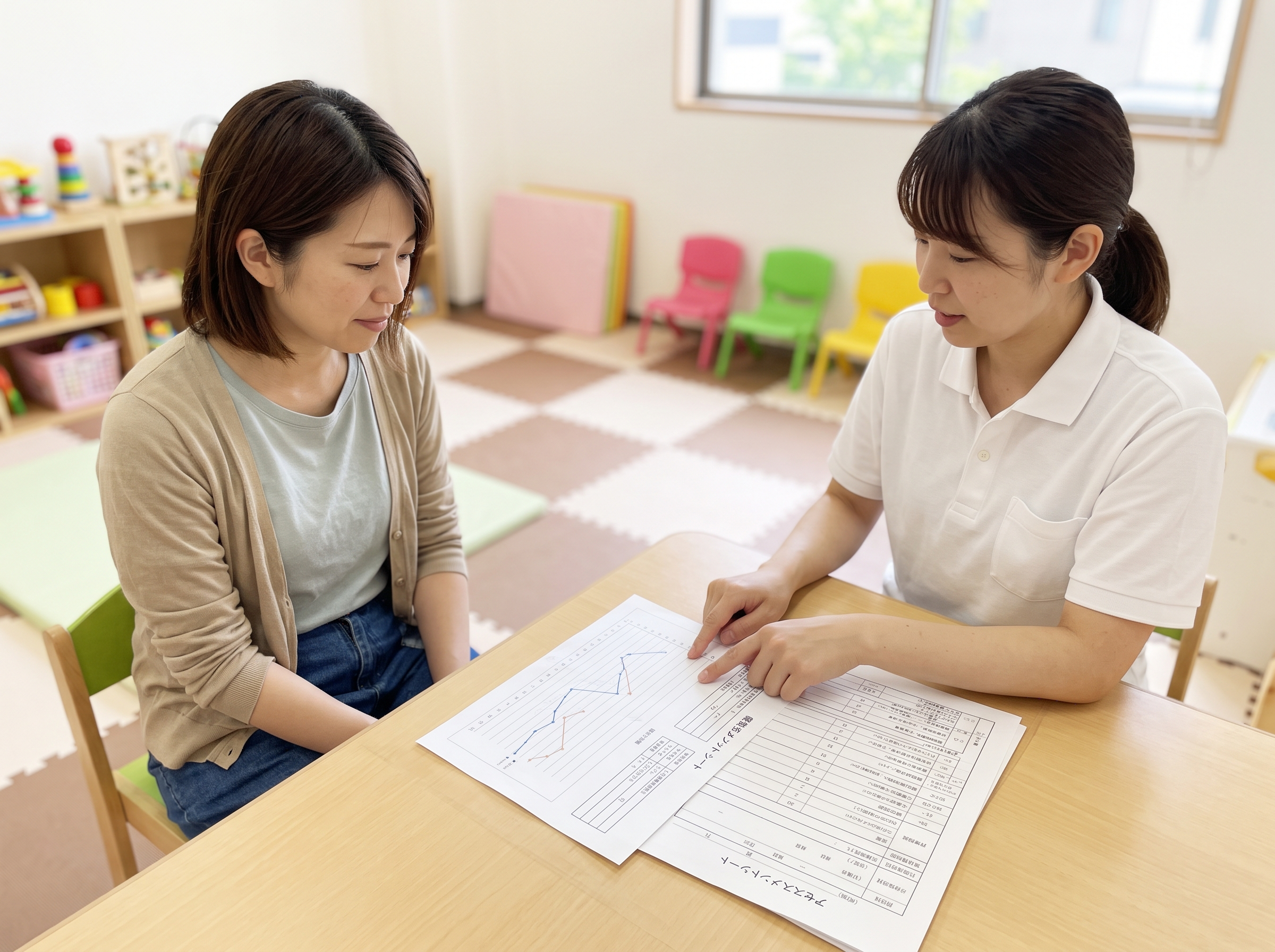 保護者様とスタッフが具体的なデータを見ながら面談している様子